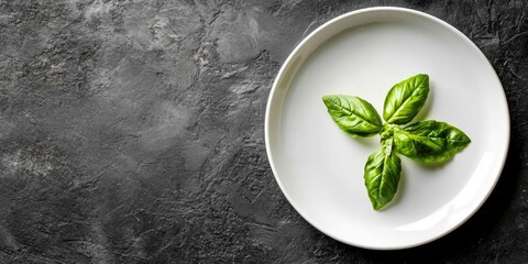 Poster - Elegant Dining Plate Featuring Fresh Basil Leaves on Dark Textured Surface with Ample Copy Space for Culinary Promotions