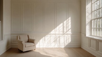 Poster - Elegant farmhouse living room interior featuring white paneled wainscoting and ample natural light highlighting an inviting space for relaxation