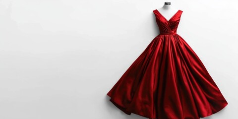 Poster - Elegant Red Evening Gown on Mannequin Isolated on White Background for Fashion Advertising and Promotional Copy Space