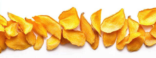 Poster - Dried yellow mango slices arranged on white background perfect for commercial use and product advertisements with space for text.