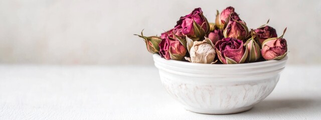 Fototapete - Dried roses in a white bowl on a light background with ample empty space for text and creative design elements