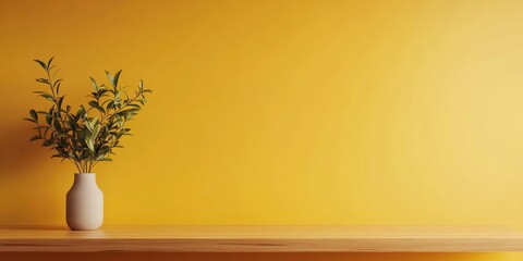 Aufkleber - Minimalist shelf with wooden surface and white vase holding greenery against a bright yellow wall for stylish interior decor themes