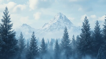 Aufkleber - Tranquil winter landscape featuring tall evergreen trees dusted with snow near distant mountains under a blue sky with soft clouds