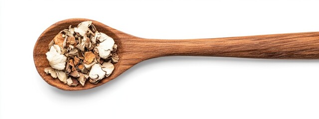 Poster - Dried Herbal Medicine in Wooden Spoon on White Background with Space for Text or Labels