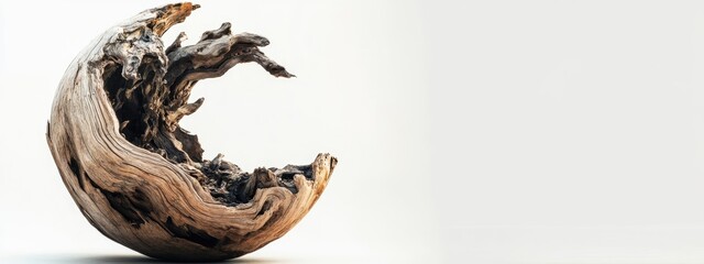 Fototapete - Driftwood sculpture shaped like a planet offering empty space for creative text or design on a neutral background