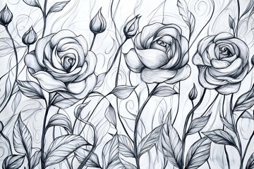 Wall Mural - Elegant black and white sketch of blooming roses with intricate leaves and swirling background patterns