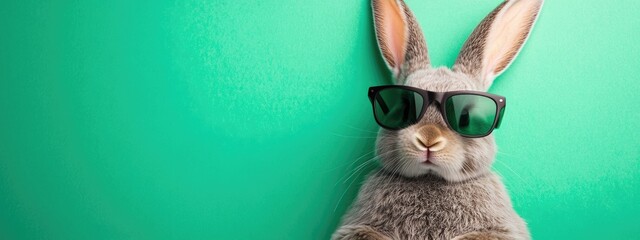 Aufkleber - Easter Bunny in Sunglasses Against Vibrant Green Background with Empty Space for Text and Creative Marketing Use