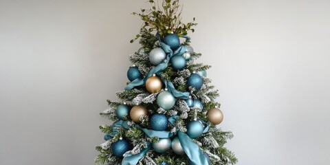Poster - Elegant faux Christmas tree adorned with shimmering ornaments and ribbon featuring empty space for personalized holiday messages.