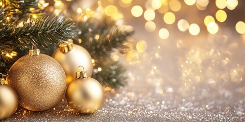 Poster - Elegant festive bokeh background with golden ornaments and Christmas tree branches for text placement and holiday promotions