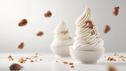 Poster - Delicious Creamy Ice Cream with Floating Hazelnuts on Soft Background Ideal for Text Placement and Dessert Promotions