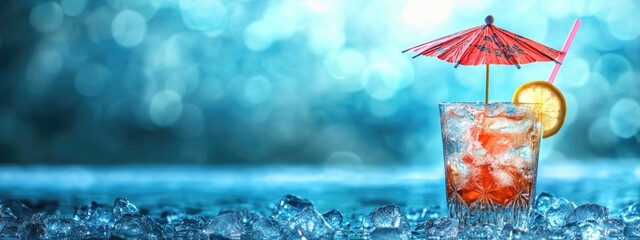 Poster - Refreshing cocktail on ice with a colorful umbrella and empty space for text ideal for summer promotions or beverage advertisements