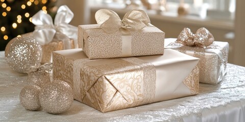 Aufkleber - Elegant gift packaging in a festive setting featuring sophisticated designs and ample empty space for personalized text or messages