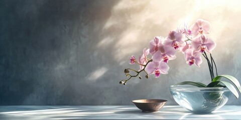 Fototapete - Elegant glass vase showcasing exquisite orchid arrangement alongside a decorative bowl with ample empty space for customizable text.