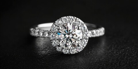 Poster - Stunning diamond engagement ring with intricate details, set against a sleek black background, ideal for luxury advertising and promotions.