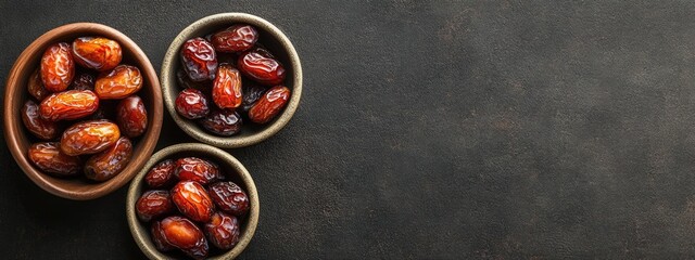 Aufkleber - Dried date fruits in rustic bowls arranged on a dark countertop with empty space for text or design use in food-related imagery