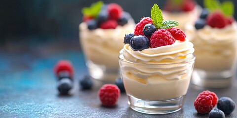 Aufkleber - Delicious elegant dessert with whipped cream and fresh berries showcasing vibrant colors and textures perfect for gourmet presentations