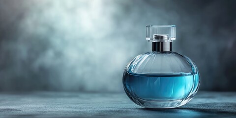 Aufkleber - Elegant glass perfume bottle with blue liquid on gray background showcasing luxury and refinement with ample copy space for branding.