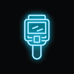 Poster - Blue glowing neon icon of a mobile payment terminal processing a transaction on a black background