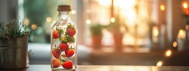 Fototapete - Dried strawberry leaves in glass bottle on blurred kitchen background with warm lighting and empty space for text or design elements