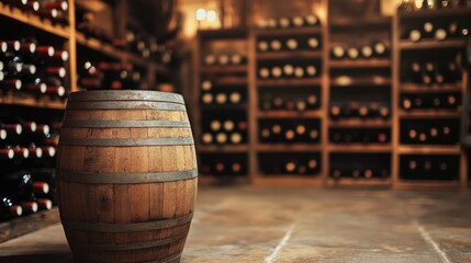 Poster - Wooden barrel on rustic floor in a cozy winery with wine bottle rack illuminated creating an inviting atmosphere for text placement.