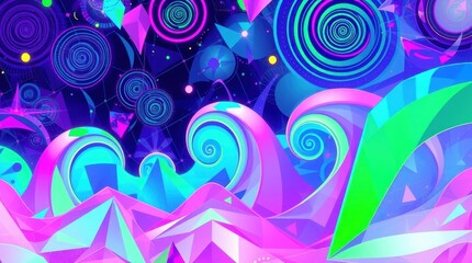 Poster - Vibrant abstract landscape with swirling patterns and geometric shapes in a cosmic setting
