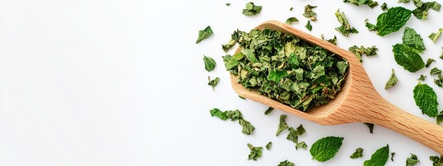 Fototapete - Dried green mint leaves in wooden scoop on white background with ample space for text and creative design elements