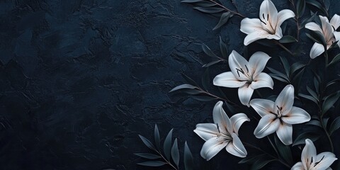 Poster - Elegant white lilies in a refined floral arrangement on a dark textured background offering ample space for personalized text or messaging.