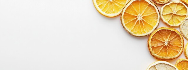 Poster - Dried citrus fruit slices arrangement on white background with ample empty space for text or design projects