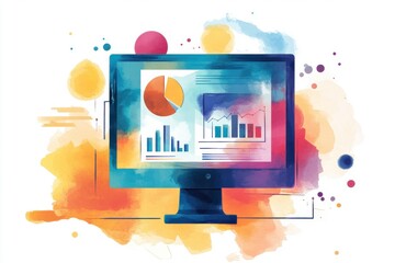 Poster - a vibrant digital illustration of a computer screen displaying colorful graphs and charts amidst a s