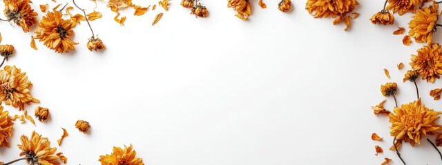 Aufkleber - Dried chrysanthemum flowers arranged on a white background creating a blank space ideal for text or design elements.