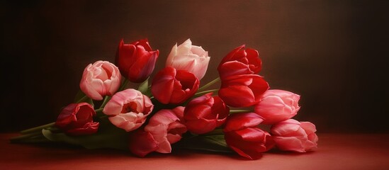 Aufkleber - Vibrant bouquet of red and pink tulips in a serene arrangement with ample copyspace highlighting natural beauty and elegance