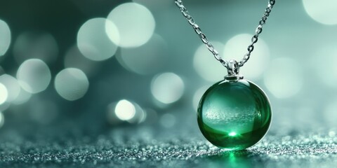 Poster - Elegant emerald green glass pendant on a delicate chain with soft bokeh background and ample copy space for captivating text placement.