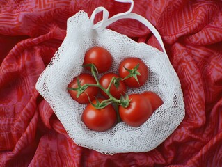 Wall Mural - Tomatoes in mesh bag on red cloth