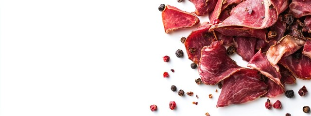 Poster - Dried beef delicatessen slices arranged on a white background with scattered pepper for culinary or food marketing purposes