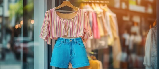 Aufkleber - Chic summer fashion display featuring vibrant blue shorts and a striped crop top in a boutique window with ample space for promotional text