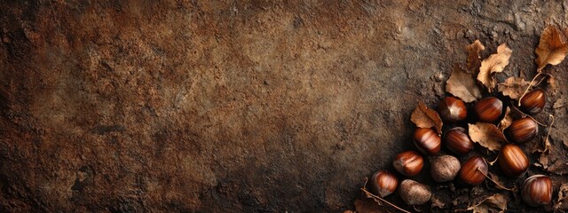 Aufkleber - Dried chestnuts scattered on a textured background with ample empty space for creative text placement and design elements.