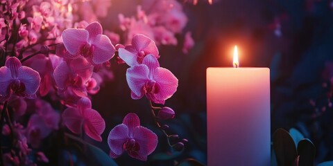Aufkleber - Elegant pink orchids and glowing candle in soft lighting with ample space for text in a serene and tranquil setting