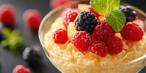 Poster - Fruit Infused Oatmeal Bowl Garnished with Fresh Berries and Mint Leaves Perfect for Healthy Breakfast Promotions