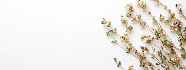 Fototapete - Dried thyme herbs with delicate stems and white blossoms on a white background for culinary or botanical themed designs