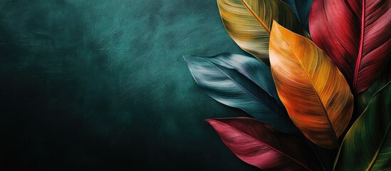 Poster - Colorful abstract leaf design with soft outlines on dark green background ideal for creative projects and advertising copy space.