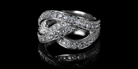 Poster - Luxurious elegant diamond ring with intricate design and reflective surfaces showcasing beauty and style against a black background