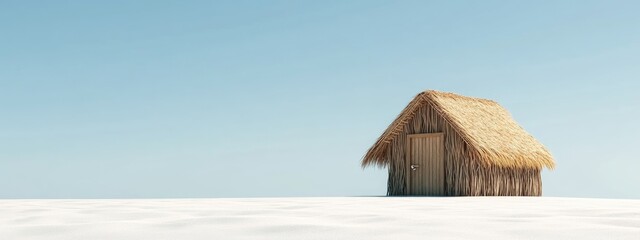 Poster - Tropical deserted beach with minimalist driftwood grass hut and vast empty space for text or design elements