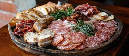 Poster - Assorted gourmet meats and fresh bread on a rustic wooden platter in a warm atmosphere with vibrant textures and ample empty space for text