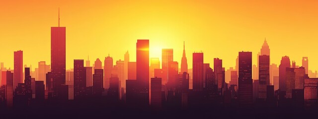 Poster - Sunset Silhouette of Skyscrapers in Urban Cityscape with Blank Space for Text and Graphics