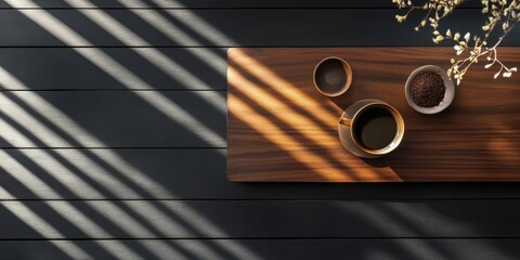 Aufkleber - Elegant espresso coffee presentation on a wooden table with shadows creating a chic atmosphere and ample space for text or branding.