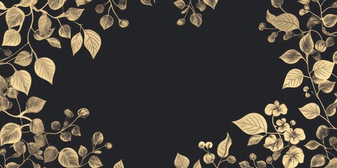 Aufkleber - Elegant Floral Background with Golden Leaves and Flowers on Dark Canvas Ideal for Text Insertion and Nature-Themed Designs