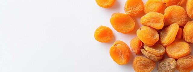 Leinwandbilder - Dried apricots arranged on a white background with ample copy space for text or product placement advertising purposes