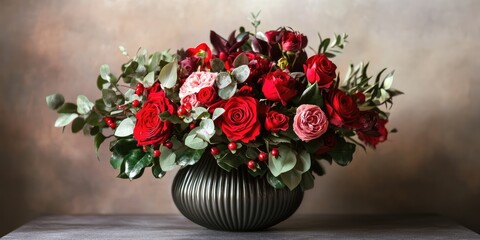 Poster - Elegant floral bouquet featuring red and pink roses in a modern vase with ample copy space for creative text or advertising purposes