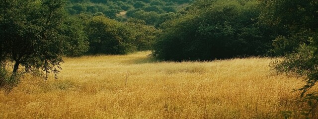 Fototapete - Dry Grass and Green Forest Scenic Wildlife Landscape with Open Space for Text and Nature Background