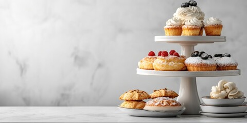 Aufkleber - Elegant Dessert Display Featuring Assorted Pastries on Cake Stand with Creamy Toppings and Blank Space for Text Placement and Advertising